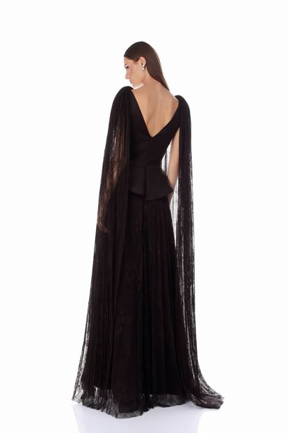 Kahverengi Dantel Pelerinli Abiye Elbise